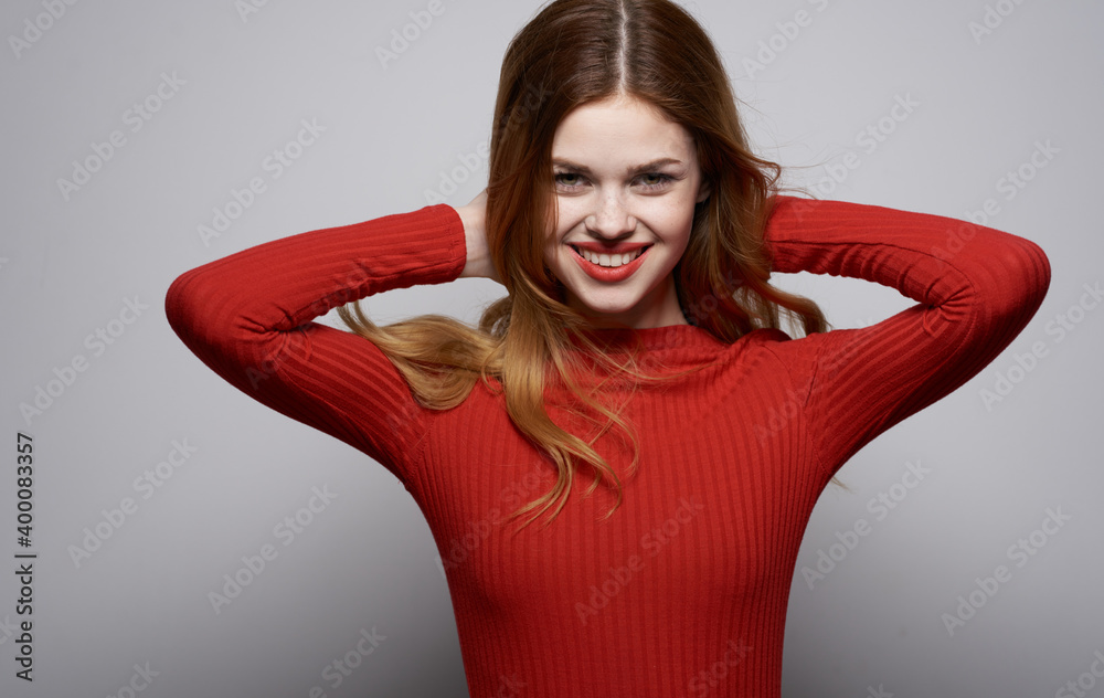 Pretty woman gestures with her hands Model Copy Space emotions Pretty woman gestures with her hands Model Copy Space emotions
