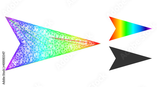 Spectrum vibrant network arrowhead right, and solid spectral gradient arrowhead right icon. Crossed frame 2D network abstract image based on arrowhead right icon, generated with crossed lines.
