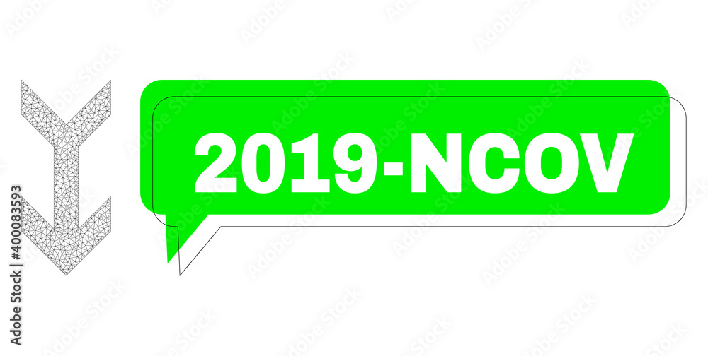 Shifted 2019-Ncov green chat banner and arrow down mesh model. Vector flat arrow down, designed with flat mesh. Green chat has 2019-Ncov tag inside black frame, and color cloud. Shifted 2019-Ncov green chat banner and arrow down mesh model. Vector flat arrow down, designed with flat mesh. Green chat has 2019-Ncov tag inside black frame, and color cloud.