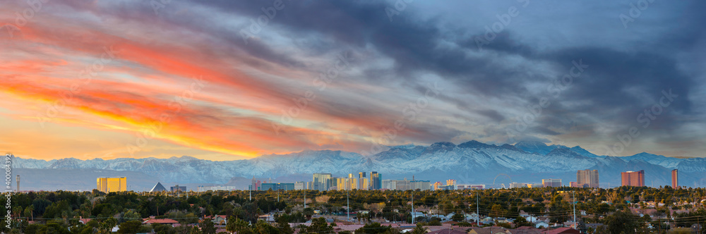 Las Vegas skyline with snow capped mountain in winter