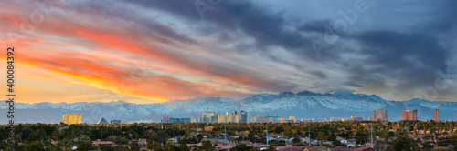 Las Vegas skyline with snow capped mountain in winter