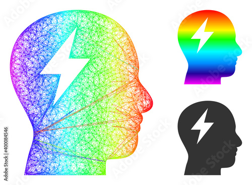 Rainbow vibrant net brainstorming, and solid rainbow gradient brainstorming icon. Hatched frame flat net abstract symbol based on brainstorming icon, made from intersected lines.