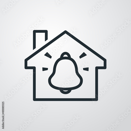 Seguridad en el hogar. Logotipo casa con campana de alarma con lineas en fondo gris