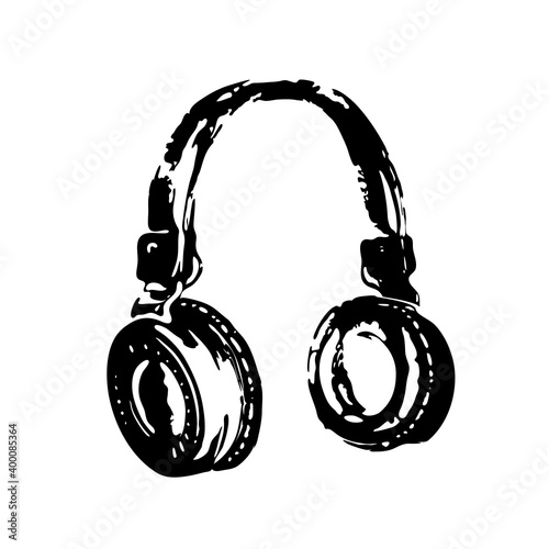 Black sketch or engraving, hand drawn headphones isolated on white background. Design for music decor, dj equipment, youth hobbies and entertainment. Vector illustration