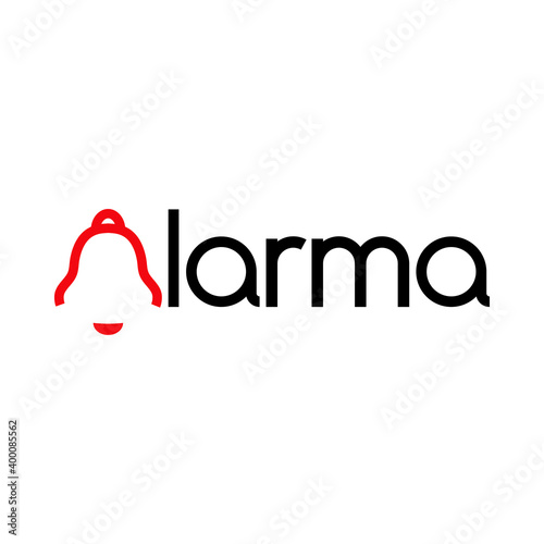 Logotipo con texto Alarma en español con campana como inicial en color rojo y negro