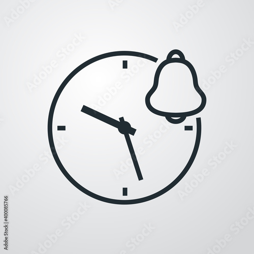 Logotipo reloj simple con campana de alarma con lineas en fondo gris