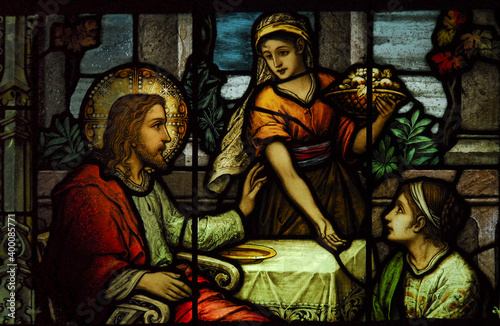 Jesus with Mary and Martha, stain glass