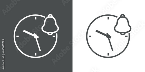 Logotipo reloj simple con campana de alarma con lineas en fondo gris y fondo blanco	