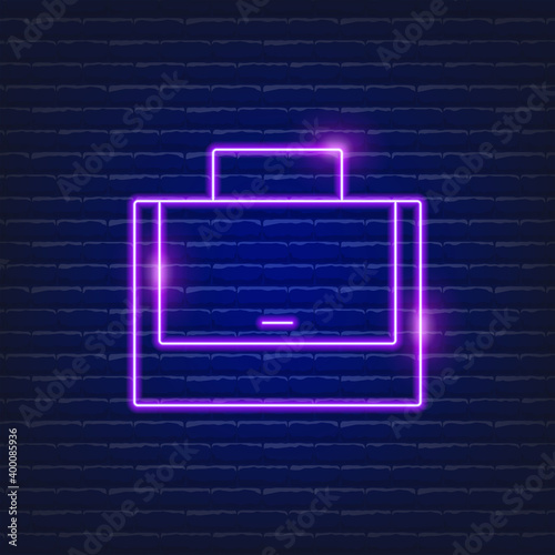 Briefcase neon icon vector. Portfolio sign. Business concept.