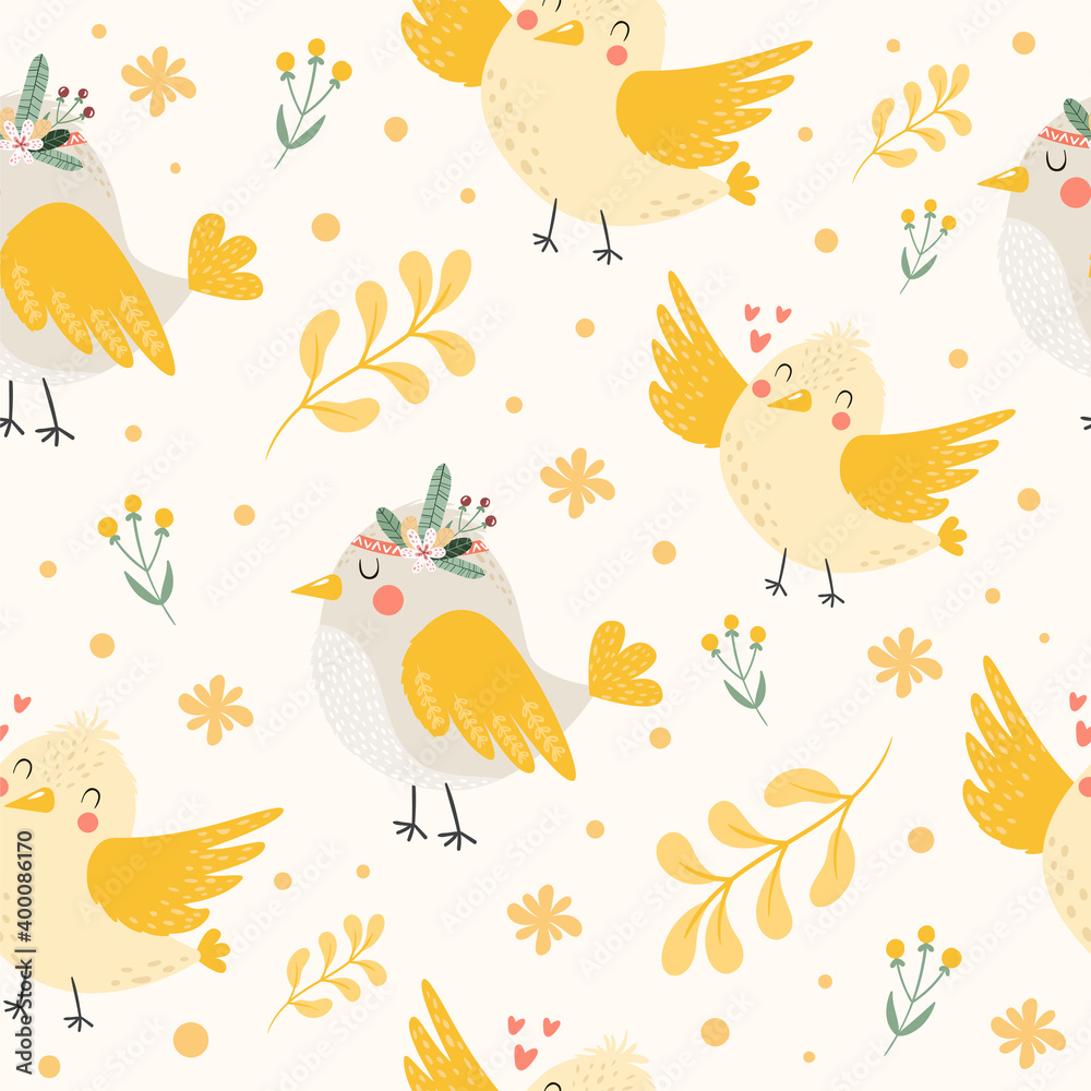 Obraz premium Seamless pattern with lovely cute little birds with flowers and branches. Floral background with birds. Yellow colors. Childish, baby hand drawn vector illustration with happy bird characters. 