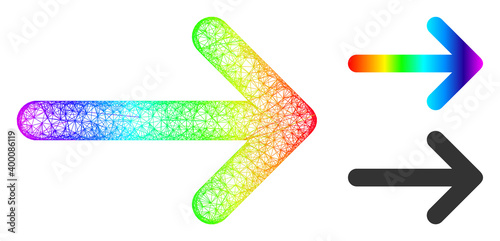 Spectral colored net mesh arrow right, and solid spectral gradient arrow right icon. Wire carcass flat net abstract image based on arrow right icon, is made from crossed lines.