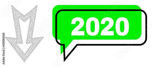 Shifted 2020 green text balloon and arrow down wireframe structure. Vector 2d arrow down, created from polygonal grid. Green speech contains 2020 text inside black contour, and colored area.