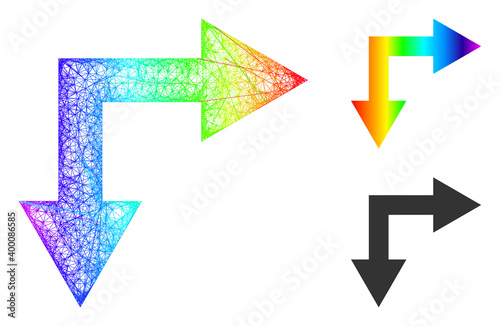 Spectrum colorful net mesh bifurcation arrow right down, and solid spectrum gradient bifurcation arrow right down icon.