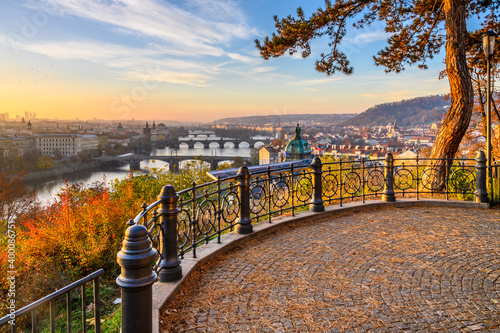 Prague Bridges in sunny autumn morning photo