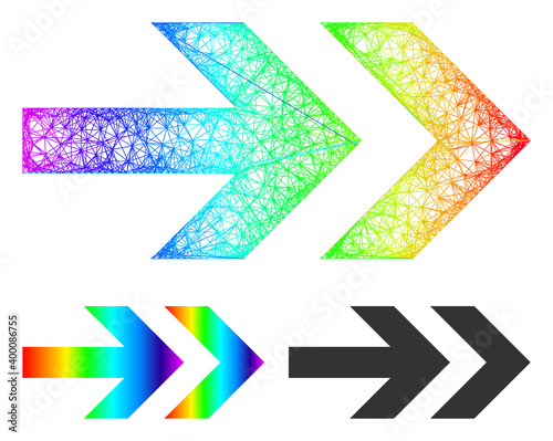 Spectral vibrant wire frame arrow right, and solid spectral gradient arrow right icon. Crossed frame flat network abstract image based on arrow right icon, is generated with crossed lines.