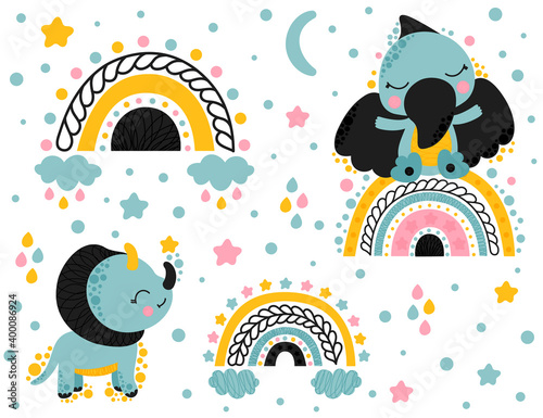 Cute childish set of isolated cute cartoon toddlers dinosaurs pterosaur and triceratops, abstract stylized rainbows, clouds, raindrops, stars, crescent. Clip art for baby products, nursery. Vector.