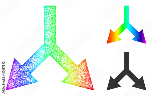 Rainbow colorful crossing mesh bifurcation arrow down, and solid rainbow gradient bifurcation arrow down icon. Crossed frame 2D net geometric image based on bifurcation arrow down icon,