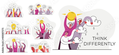 Vector illustration concept of thinking differently, ideas, discoveries, individuality, optimism, creativity. It depicts set, collection subjects people, abstract symbols, light bulb, documents etc