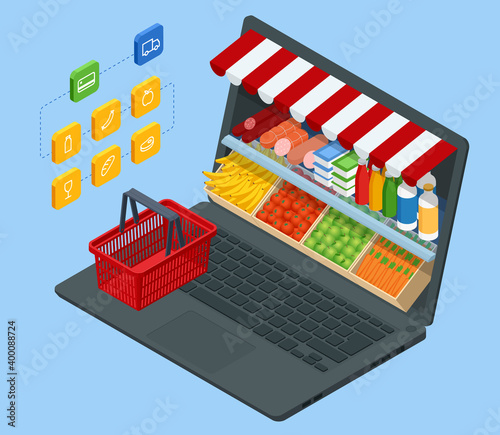 Isometric Grocery Supermarket, Food and Eats Online Buying and Delivery. E-commerce concept order food online website. Health food delivery online service.