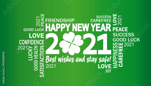2021 -grüne grusskarte mit englischen wörtern und glücksklee - gute wünsche für das neue jahr