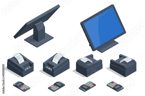 Isometric set of Shop Cash Register Equipments. Modern Tablet POS Terminal with Barcode Scanner and Receipt Printer. photo