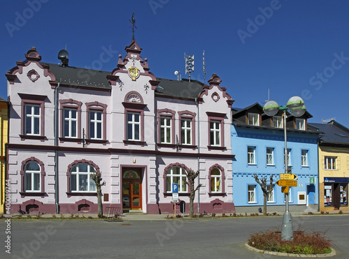 Mesto Albrechtice - Main square with Town Hall in Town Albrechtice, Jeseniky mountains area. The Town Albrechtice lies northwest of Krnov, Czech Rebublic photo