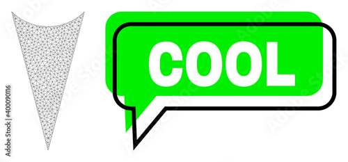 Shifted Cool green phrase speech shape and arrowhead down mesh structure. Vector flat arrowhead down, built from flat mesh. Green speech includes Cool caption inside black frame, and color bubble.