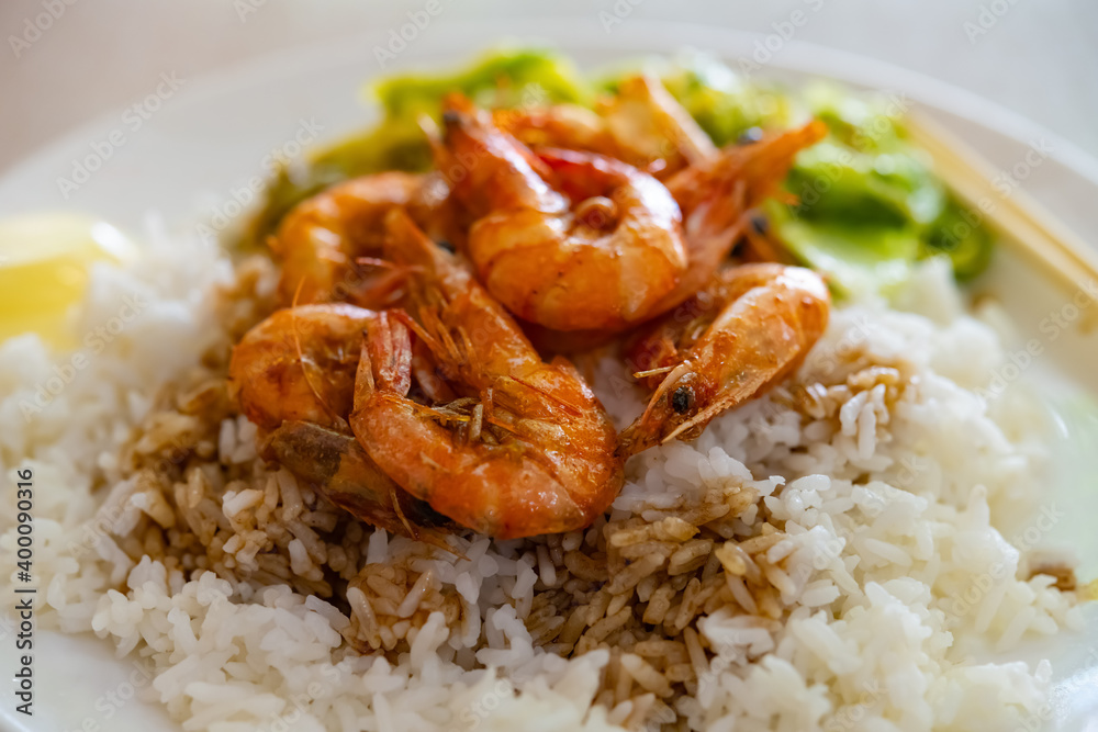 angle view fast food shrimp with cabbage and rice horizontal composition angle view fast food shrimp with cabbage and rice horizontal composition