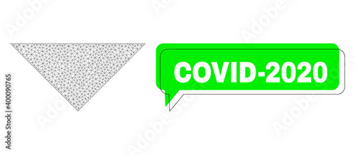 Misplaced Covid-2020 green text frame and arrowhead down mesh composition. Vector 2d arrowhead down, created from flat mesh. Green chat has Covid-2020 caption inside black frame, and color area.