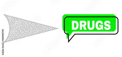 Shifted Drugs green text cloud and arrowhead right mesh composition. Vector flat arrowhead right, designed with flat mesh. Green conversation has Drugs caption inside black contour, and color cloud.