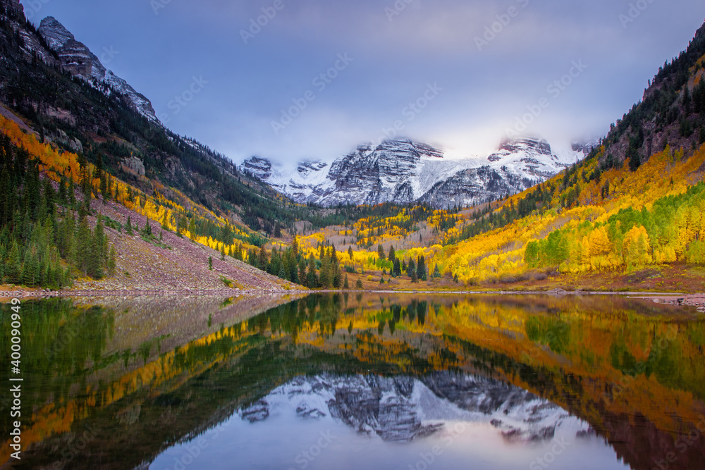 Maroon Bells in Maroon Bells–Snowmass Wilderness of White River National Forest in Colorado at autumn