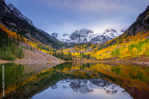 Maroon Bells in Maroon Bells–Snowmass Wilderness of White River National Forest in Colorado at autumn