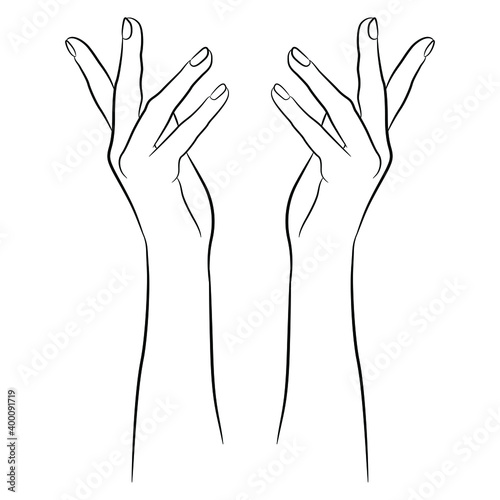 Two beautiful raised up female arms in elegant gesture. Black and white linear silhouette.