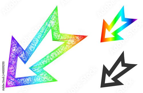 Rainbow colored wire frame arrow left down, and solid rainbow gradient arrow left down icon. Linear frame flat network geometric image based on arrow left down icon, created with intersected lines.