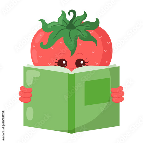 Cute kawaii strawberry reading book in doodle style with shadows. Isolated colored funny fruit cartoon vector illustration	