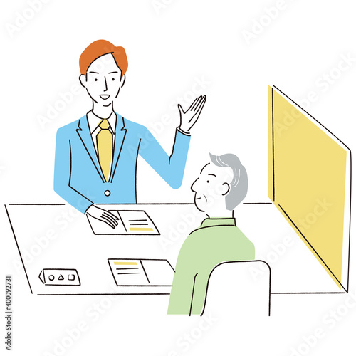 手書き線画カラーイラスト　若い男性の窓口で説明を受けるシニア男性