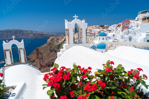 Red flowers bougainvillaea with background in Greek white orthodox church with bell tower on Santorini island, Oia, Cyclades, Greece