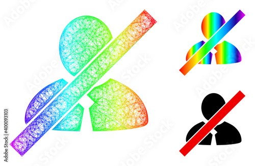 Spectrum colored network blacklisted clerk, and solid spectrum gradient blacklisted clerk icon. Hatched frame 2D network geometric symbol based on blacklisted clerk icon, made with crossed lines.