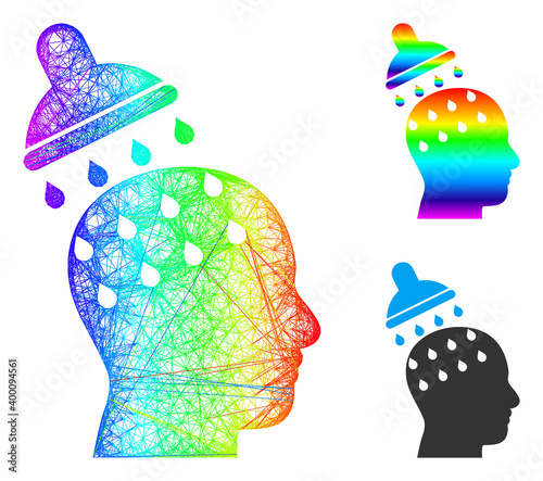 Spectral colored net mesh brain washing, and solid spectral gradient brain washing icon. Crossed carcass 2D net geometric image based on brain washing icon, is made with crossed lines.
