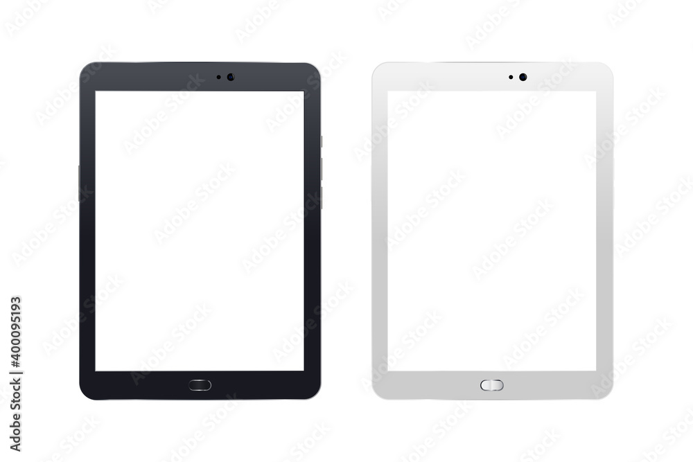Modern Tablet In Black And White Version. Front View With Camera And Blank Screen Isolated On White Background. Realistic EPS Vector Illustration. Mockup, copyspace and frame concept Modern Tablet In Black And White Version. Front View With Camera And Blank Screen Isolated On White Background. Realistic EPS Vector Illustration. Mockup, copyspace and frame concept