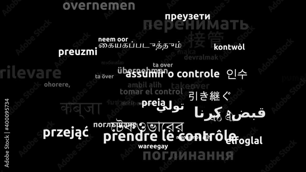 Takeover Translated in 47 Worldwide Languages Endless Looping 3d Zooming Wordcloud Mask