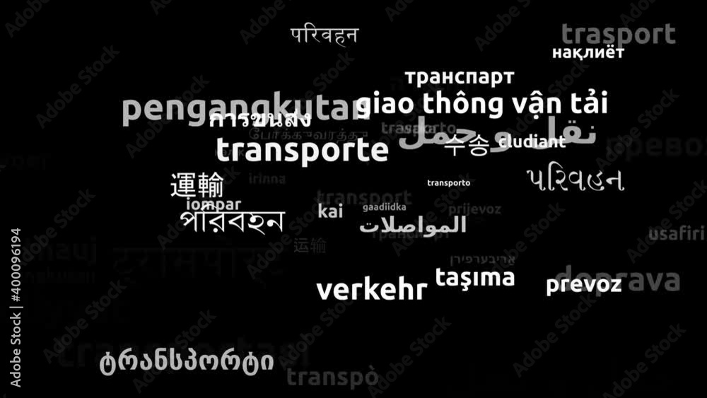 Transport Translated in 51 Worldwide Languages Endless Looping 3d Zooming Wordcloud Mask