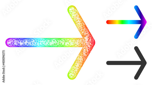 Rainbow vibrant net mesh arrow right, and solid rainbow gradient arrow right icon. Crossed carcass flat net geometric symbol based on arrow right icon, made from crossing lines.
