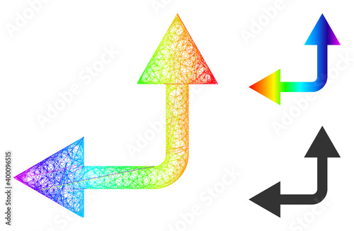 Spectral vibrant wire frame bifurcation arrow left up, and solid spectral gradient bifurcation arrow left up icon. Wire frame 2D network geometric image based on bifurcation arrow left up icon,