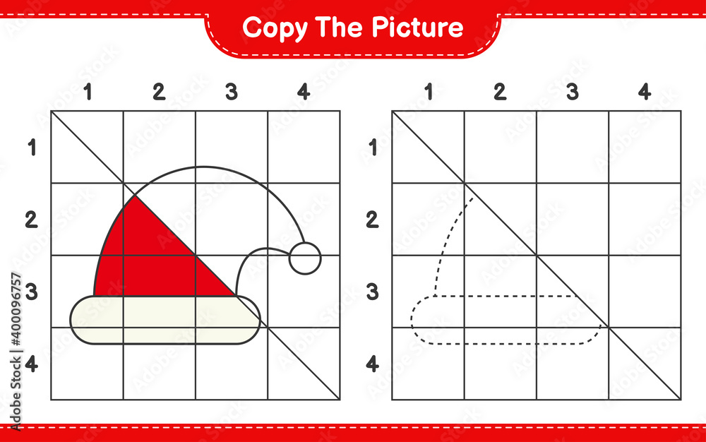 Obraz Copy the picture, copy the picture of Santa Hat using grid lines. Educational children game, printable worksheet, vector illustration