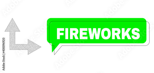Shifted Fireworks green chat frame and bifurcation arrow right up wireframe structure. Vector flat bifurcation arrow right up, designed with polygonal grid.
