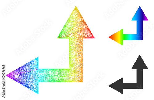 Spectrum colorful wire frame bifurcation arrow left up, and solid spectrum gradient bifurcation arrow left up icon. Linear frame flat network abstract symbol based on bifurcation arrow left up icon,