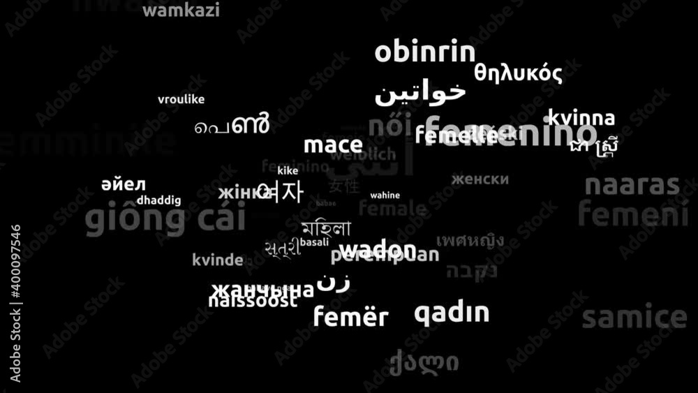Female Translated in 62 Worldwide Languages Endless Looping 3d Zooming Wordcloud Mask