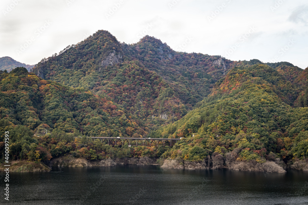 不動大橋からみる紅葉した山の風景　群馬県長野原町