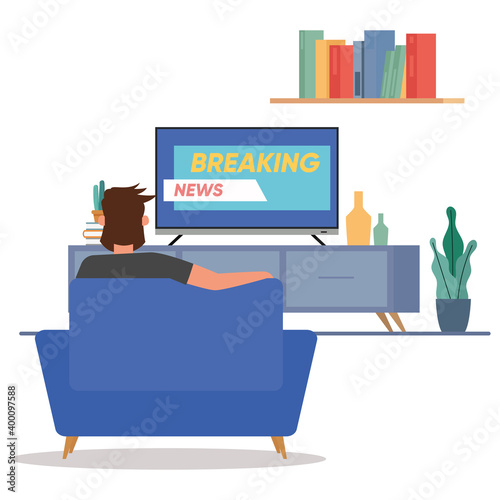 Man watch tv news hygge style design ilustration - Vector